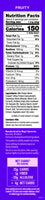 Nutrition Facts label for Fruity protein product showing 150 calories, 13g protein, and 15g carbs per serving on purple backg