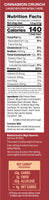 Cinnamon Crunch cereal nutrition facts label showing 140 calories per serving, 12g protein, and ingredients list on red backg