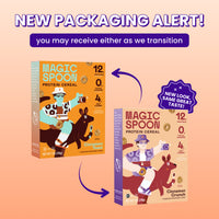 Two Magic Spoon Cinnamon Crunch protein cereal boxes showing old orange packaging and new purple packaging design.