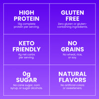 Purple packaging grid displaying product attributes: high protein, gluten-free, keto-friendly, no grains, zero sugar, and nat
