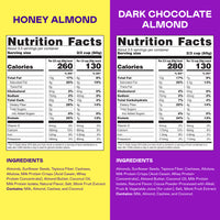 Three boxes of Magic Spoon protein granola with Honey Almond and Dark Chocolate Almond nutrition facts and ingredients displa