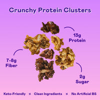 Two varieties of crunchy protein clusters on bright purple background with nutritional information labels.