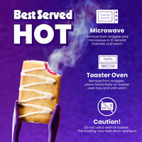 S'mores pastry with graham cracker, red filling, and white marshmallow drizzle on purple background with microwave and toaste
