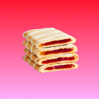 Stack of four frosted pastries with red fruit filling and white icing stripes on pink background.