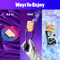 Three pastries shown three ways: one on a colorful plate, one held with a fork over steam, and one in a sealed package on an