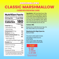 Classic Marshmallow cereal box displaying nutrition facts, ingredients, and product information on yellow and blue background