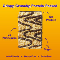 Peanut butter protein bar with crispy rice base and dark chocolate drizzle on yellow background.