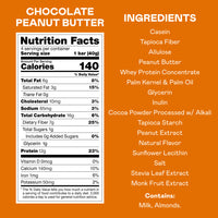 Chocolate peanut butter protein bar with nutrition facts and ingredients list on orange background.