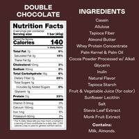 Magic Spoon Double Chocolate protein bars with nutrition facts and ingredients list on dark brown background.