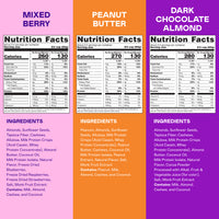 Six granola bags in Mixed Berry, Peanut Butter, and Dark Chocolate Almond flavors with nutrition facts and ingredients displa