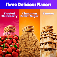 Three pastry flavors displayed: Frosted Strawberry with red frosting, Cinnamon Brown Sugar with cinnamon coating, and S'mores