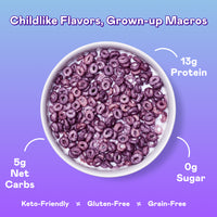 Purple-colored cereal rings in white bowl on purple background with nutritional information displayed.
