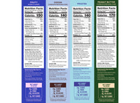 Four nutrition label panels displaying Fruity, Cocoa, Frosted, and Peanut Butter flavored protein bars with calorie and ingre