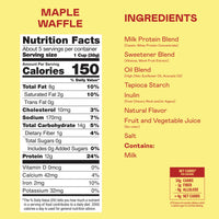 Four boxes of Magic Spoon Maple Waffle protein cereal with nutrition facts and ingredients displayed on yellow background.