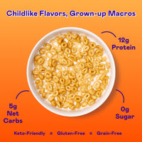 Maple waffle-flavored cereal rings in a white bowl on orange background with nutritional information.