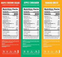 Three oatmeal variety boxes side-by-side: Maple Brown Sugar in red, Apple Cinnamon in green, Banana Bread in yellow, each sho