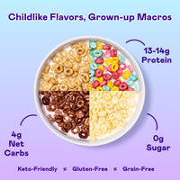 White bowl divided into four sections containing peanut butter, cocoa, fruity, and frosted cereal pieces on purple background