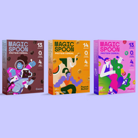 Three Magic Spoon cereal boxes in Cocoa, Peanut Butter, and Fruity flavors with colorful illustrated designs.