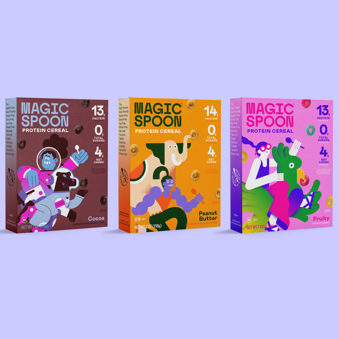 Three Magic Spoon cereal boxes in Cocoa, Peanut Butter, and Fruity flavors with colorful illustrated designs.