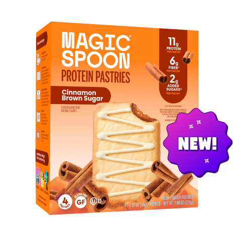 Magic Spoon Cinnamon Brown Sugar Protein Pastries box with stacked pastry and cinnamon sticks displayed on orange packaging.