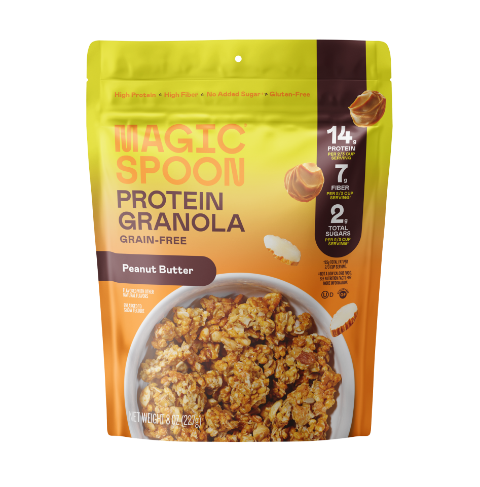 Magic Spoon peanut butter protein granola in a yellow and orange resealable pouch with nutritional information and bowl of ce
