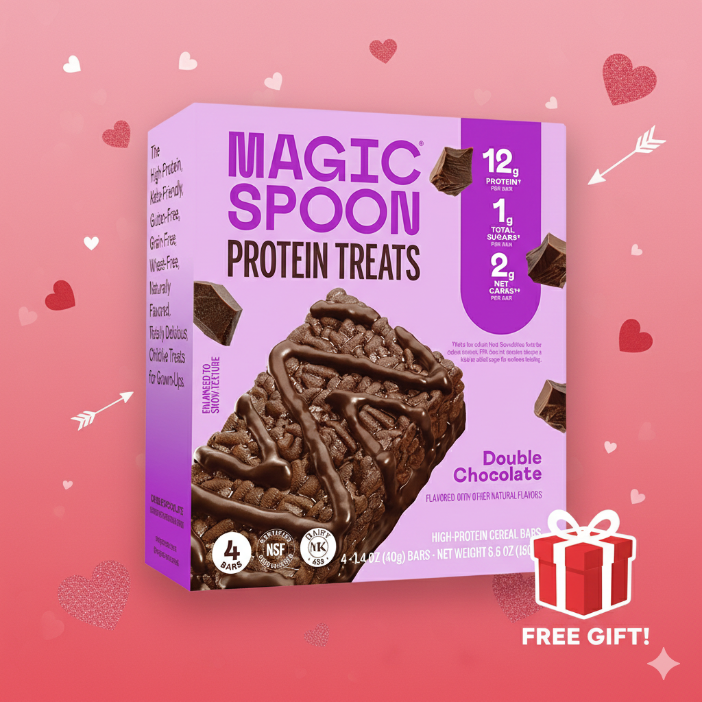Magic Spoon double chocolate protein treat box with 12 bars on pink background decorated with hearts and gift icons.