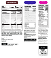 Three Magic Spoon cereal product nutrition labels: peanut butter granola, marshmallow cereal bars, and fruity treats.