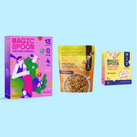 Magic Spoon starter pack containing pink cereal box, peanut butter granola bag, and marshmallow protein treats box.