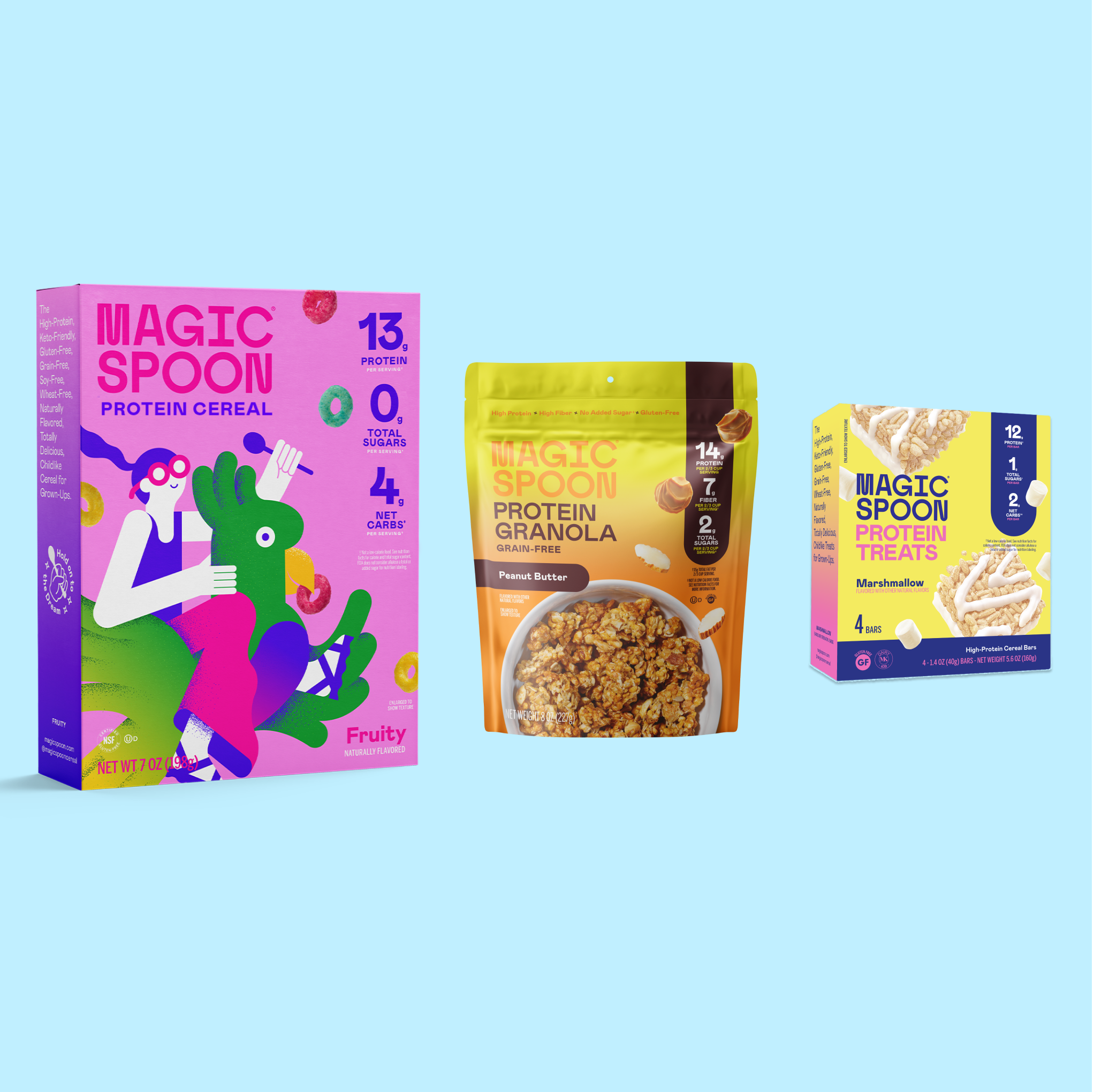 Magic Spoon starter pack containing pink cereal box, peanut butter granola bag, and marshmallow protein treats box.