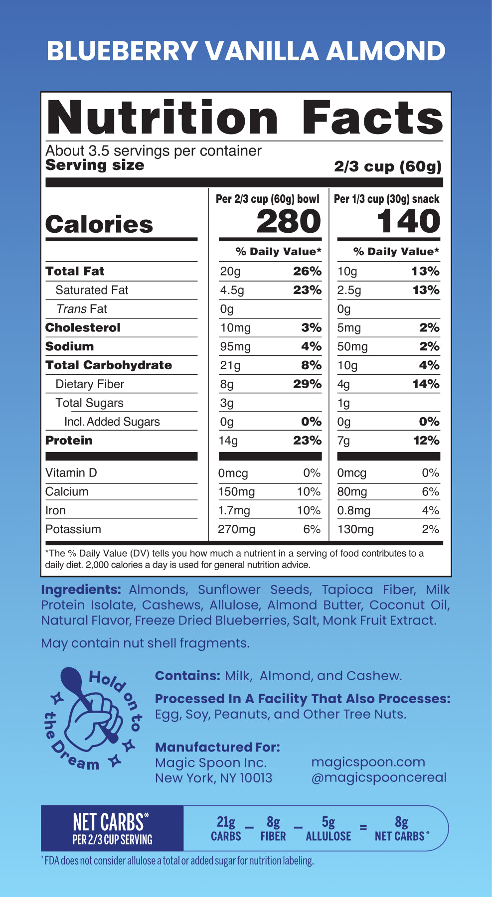 Blueberry Vanilla Almond Granola Nutritional Panel