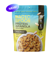 Magic Spoon Honey Almond Protein Granola grain-free cereal in blue and yellow pouch with bowl of granola.