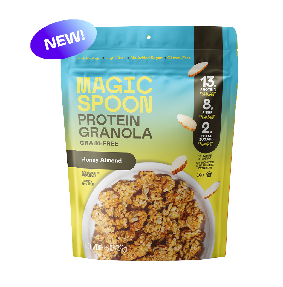 Magic Spoon Honey Almond Protein Granola grain-free cereal in blue and yellow pouch with bowl of granola.