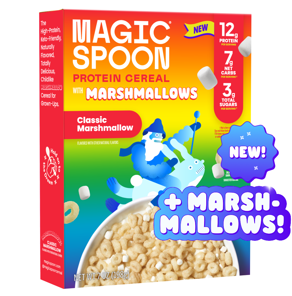 Magic Spoon Classic Marshmallow Protein Cereal box with nutritional information and bowl of cereal with marshmallows.
