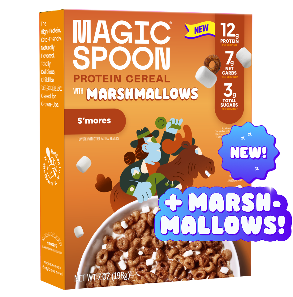 Magic Spoon S'mores Protein Cereal box with brown cereal pieces and white marshmallows in bowl.