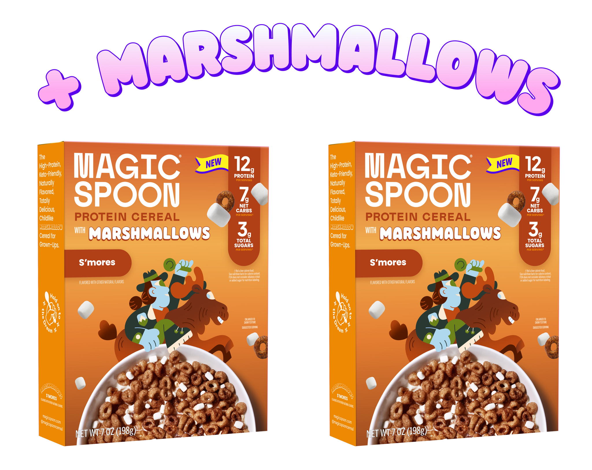 Two orange Magic Spoon S'mores protein cereal boxes with marshmallows and brown cereal pieces visible in bowls on the packagi