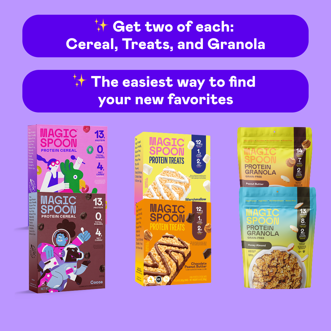 Six-pack variety set containing two cereal boxes, two treat boxes, and two granola pouches in fruity, cocoa, marshmallow, pea