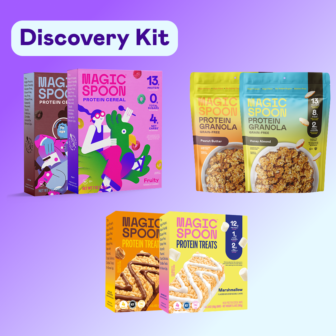 Six-pack assortment containing fruity and cocoa cereals, marshmallow and peanut butter treats, and honey almond and peanut bu