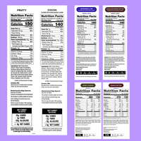 Six nutrition labels displaying ingredients and nutritional information for fruity cereal, cocoa cereal, marshmallow treats, 