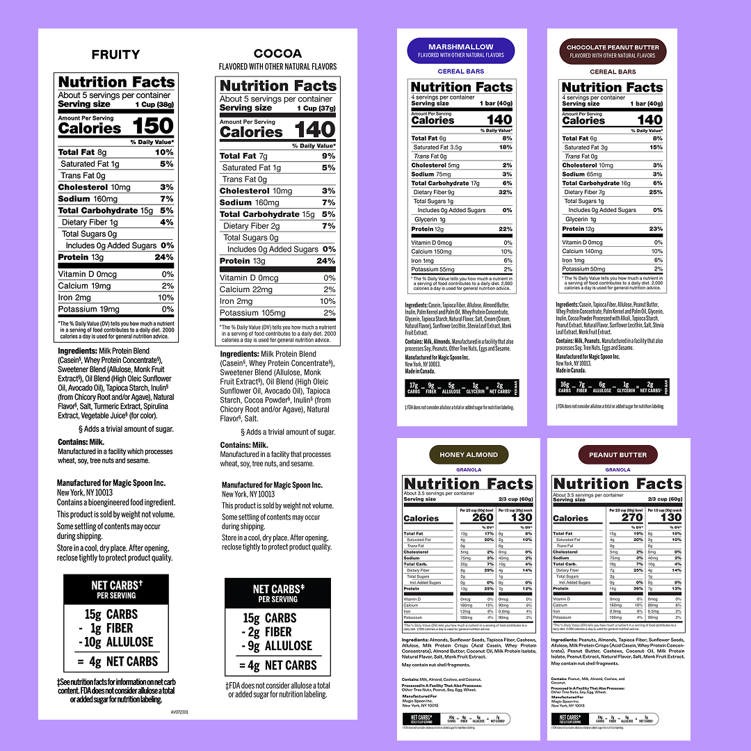 Six nutrition labels displaying ingredients and nutritional information for fruity cereal, cocoa cereal, marshmallow treats, 