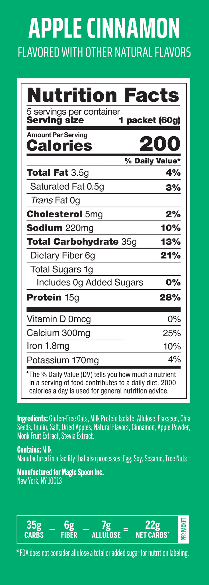 Apple Cinnamon Protein Oatmeal Nutritional Panel