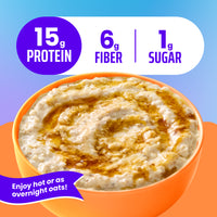 Bowl of cooked oatmeal with maple brown sugar swirl, with nutrition information showing 15g protein, 6g fiber, and 1g sugar.