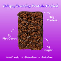 Double chocolate protein bar with crispy cereal pieces and dark chocolate drizzle on purple background.