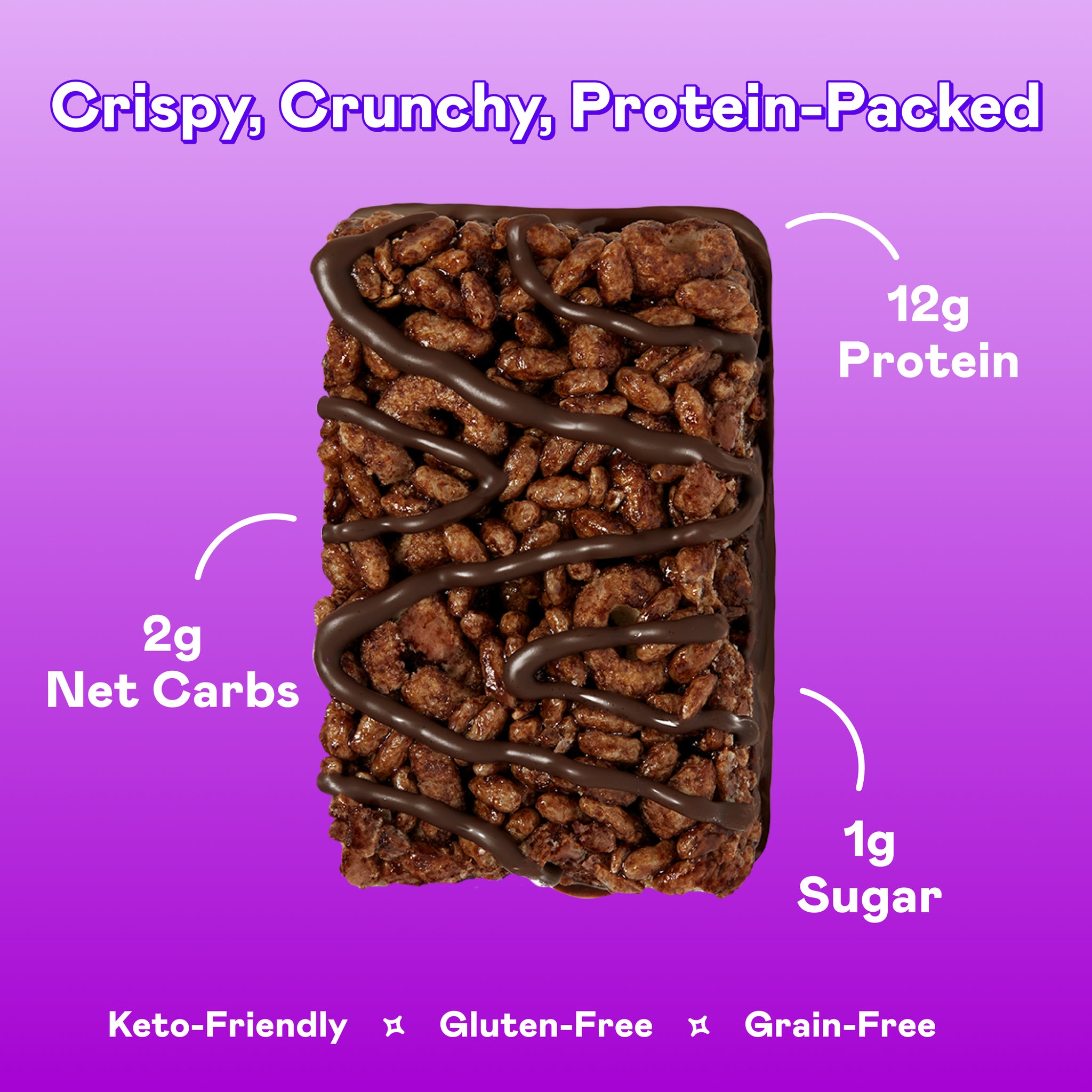 Double chocolate protein bar with crispy cereal pieces and dark chocolate drizzle on purple background.