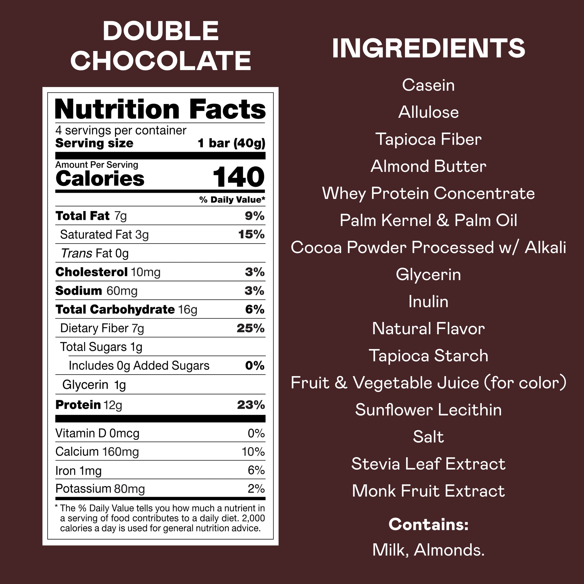 Magic Spoon Double Chocolate protein bars with nutrition facts and ingredients list on dark brown background.