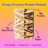 Magic Spoon Protein Treats with peanut butter and chocolate coating on gradient yellow-to-pink background.