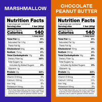 Two nutrition labels side by side: marshmallow bar on purple background, chocolate peanut butter bar on orange background, ea