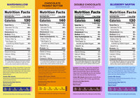 Four cereal treat bars with nutrition facts: marshmallow, chocolate peanut butter, double chocolate, and blueberry muffin fla