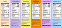 Six cereal treat boxes with nutrition facts labels in s'mores, salted caramel, marshmallow, chocolate peanut butter, double c