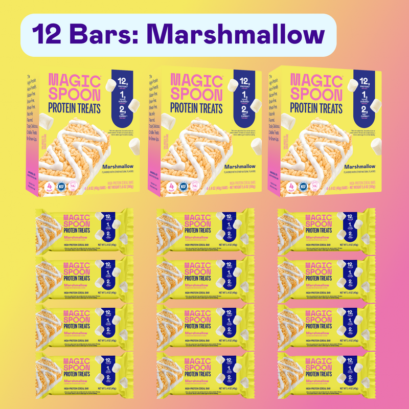 Three boxes of Magic Spoon marshmallow protein treat bars with individual wrapped bars displayed below.