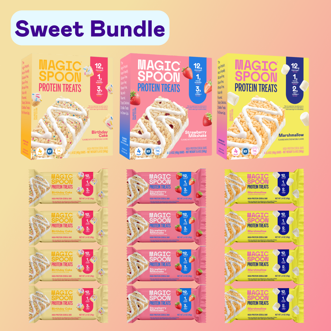 Three Magic Spoon Protein Treats cereal boxes in Birthday Cake, Strawberry Milk, and Marshmallow flavors with individual trea